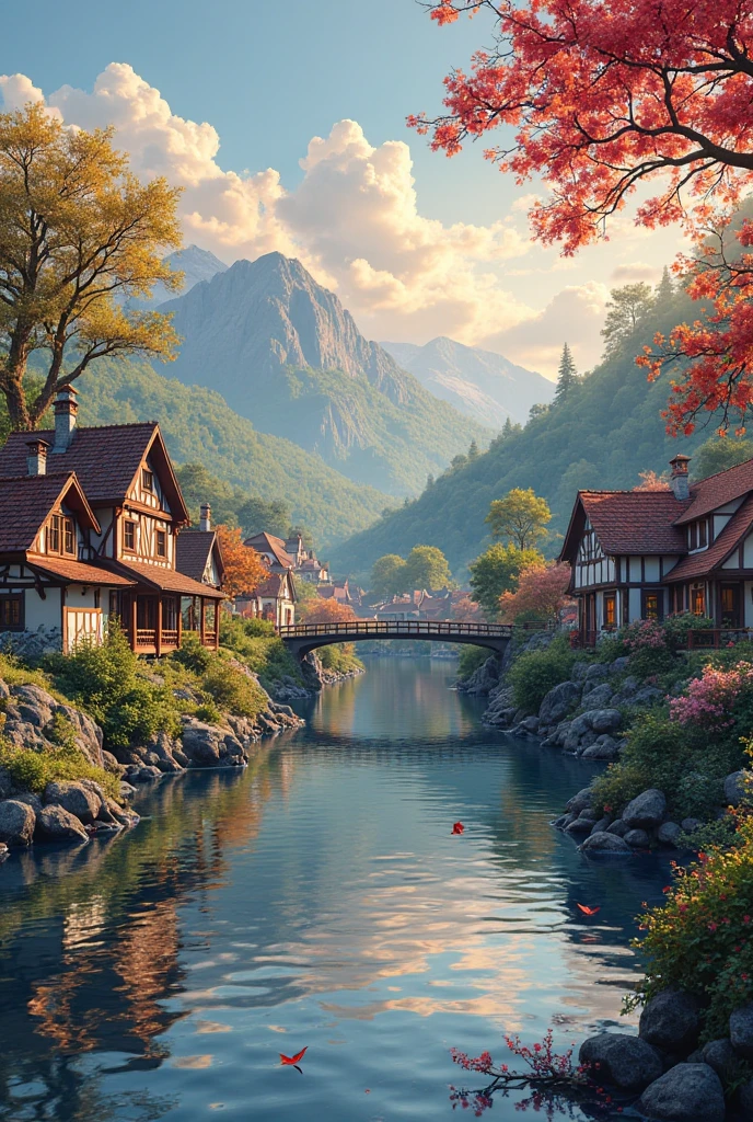 , a small riverside village,The background is mountains,Flowers bloom,vibrant with colors,Detailed scenery,Beautiful natural landscape,Ambiance Lighting,Scorching sunset,a warm color palette,utility,utility摄影,Delicate leaves,Complex architecture , cobblestone streets , charming country cottages , swirling bright colors, dense vegetation ,Still water reflections,picturesque,Leisure and tranquility,artwork of a,Best quality,8k,Extremely detailed,anime style