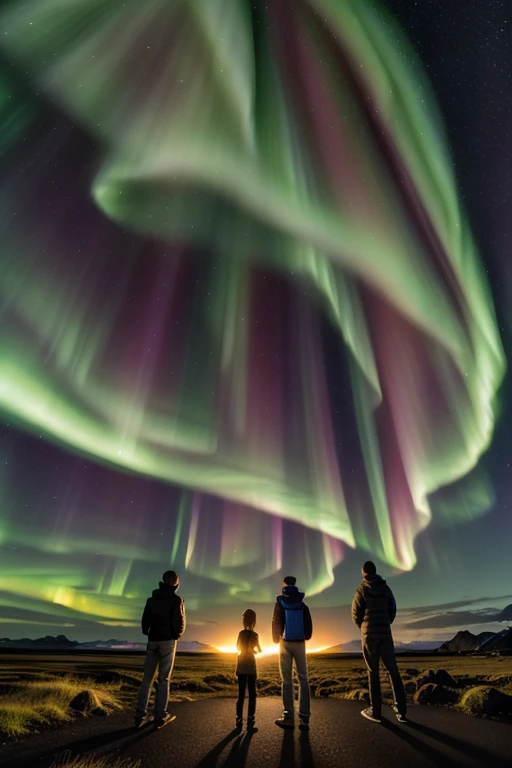 ghibli style，Couple of boys and girls watching the auroras in Iceland