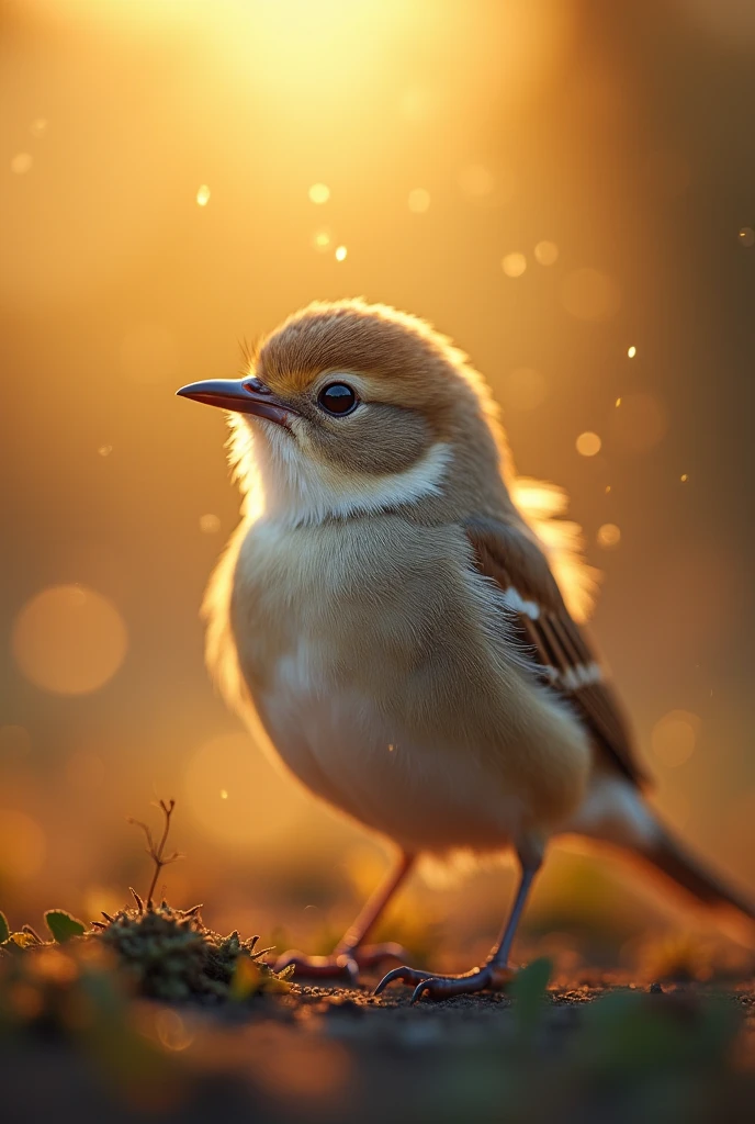 A charming close-up portrait，Showing a beautiful bird，Illuminated by soft golden light on a quiet morning，The bokeh ball gently frames its petite body