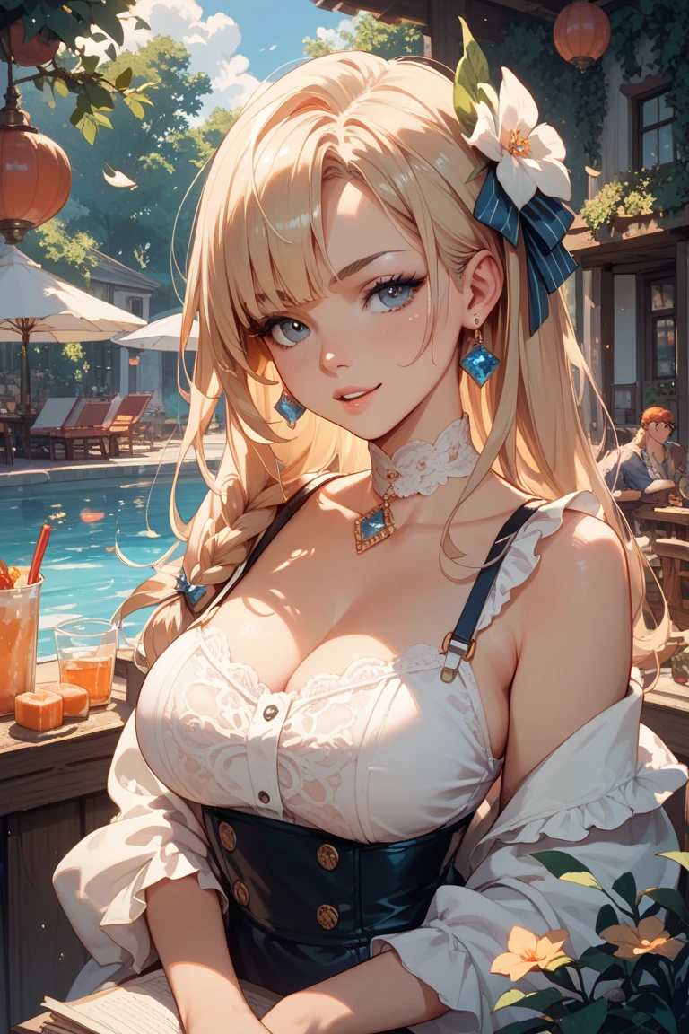 (8k, highres, ultra detailed, (masterpiece:1.6), ... , 1girl , aqua bowtie , black bodysuit , blue eyes , blue jacket , blunt bangs , blurry foreground , blush , white collared shirt , furrowed brow , aqua hair bow , halo , long blonde hair , looking at viewer , off shoulder , parted lips , pov , solo , upper body