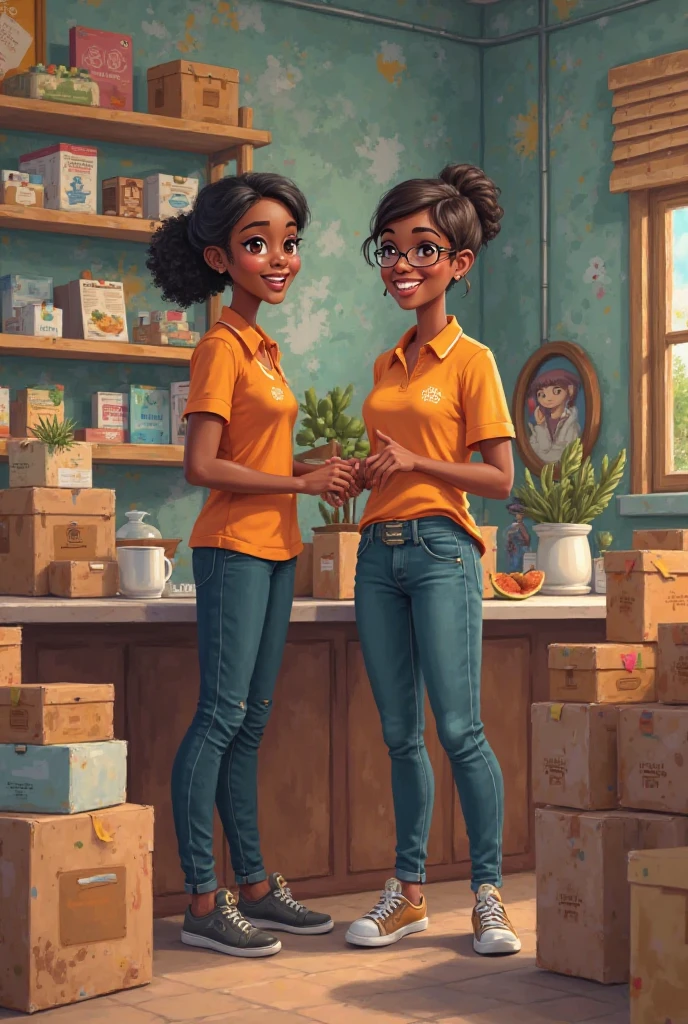 Create an image of a typical Haitian house, ATABEY couturière du quartier où tout le voisinage vient faire coudre ses tissus. Une cliente est venu faire mesurer l'uniforme scolaire pour son entrée. The tailor adjusts the uniform on her. school uniform, jupe plissées couleur maron et le corsage blanc., typical Haitian. Elles joyeuses du résultat. La machine à coudre à pédale en bois., The door next door, fabrics scattered everywhere. A neighbor is leafing through a catalog of haute couture models... Colorful frame, une affiche . Madame Zini seamstress