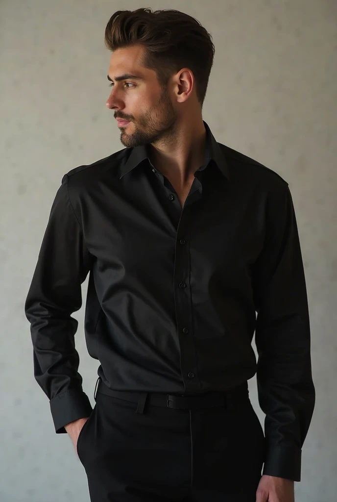 Handsome muscular slender White man, goth long black hair, black shirt and black jeans, elegant, unshaved stubble, 40 years old