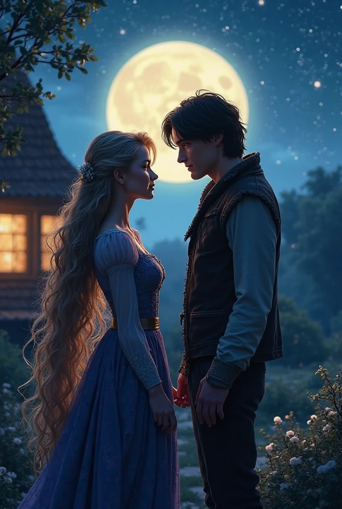 I need an image of Beauty and the Beast with the full moon on top of a cliff with the sea giving it a kiss and at the foot a castle shaking for a story