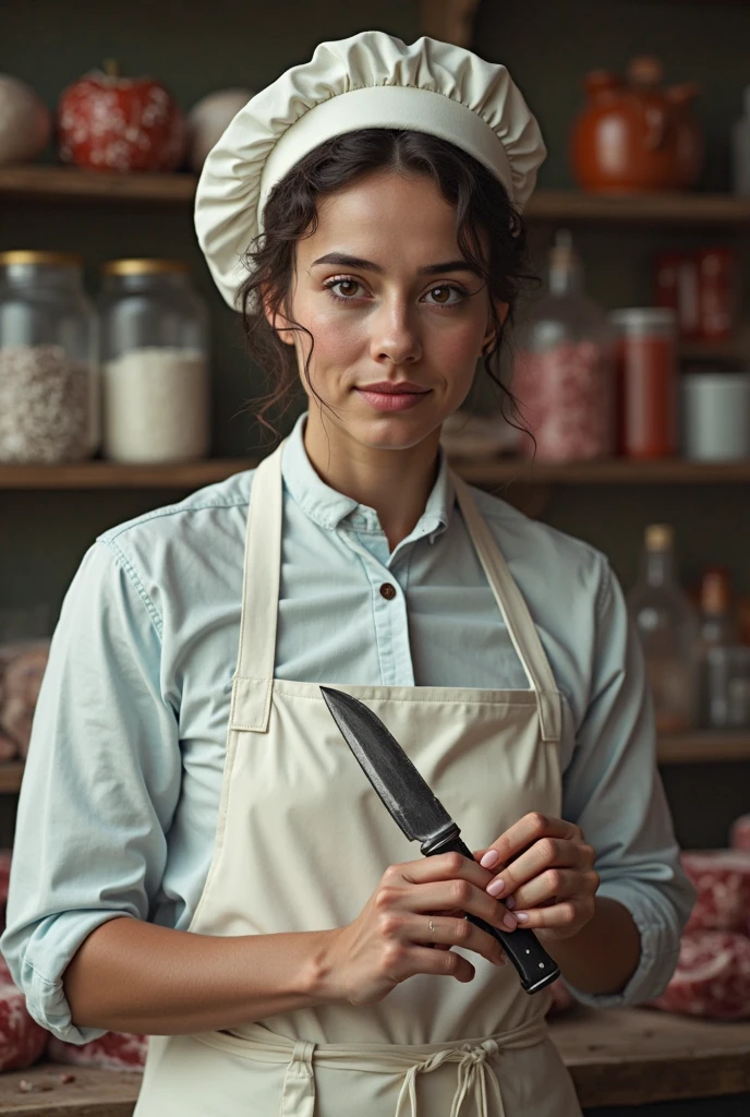 Mom holding knife and spoon with kitchen dress and cap with no background