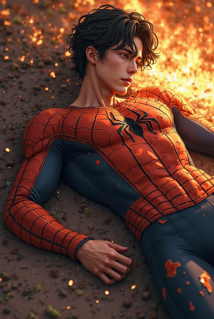 A highly detailed photograph of a white 18-year-old spiderman, handsome, attractive, masculine pose, with green eyes, well groomed short black hair, mischievous look, happy expression, wearing a red and gold spiderman clothes, shirtless sweaty, showing the ripped torso, in a fantasy summer forest, beautiful illumination. hyperrealistic, hyperdetailed, 4k,