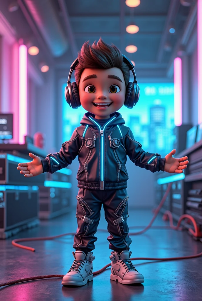 Gamer boy with futuristic glasses, cabelo curto preto, traje preto com luzes roxas, Estilo TronFashion 8k uhd, dark lighting, ar de suspense, hiperdetalhado.