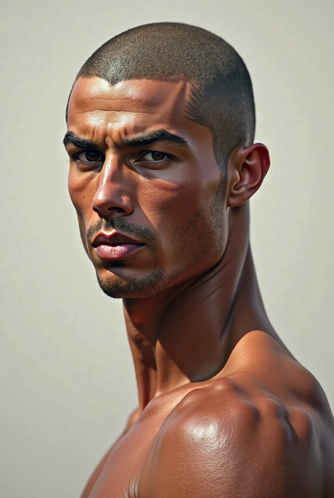 A tall black teenager weighing 90kg, brown eyes, short hair and a mean face.