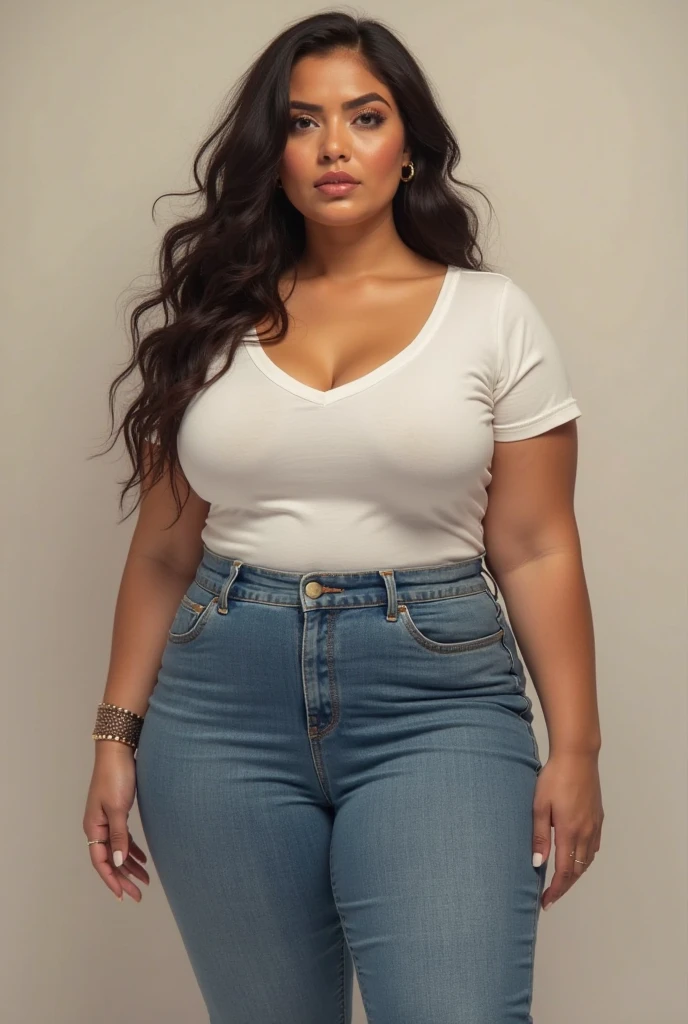 35 years old woman, plus size model, she has shoulder-length black hair, white elegant pants
