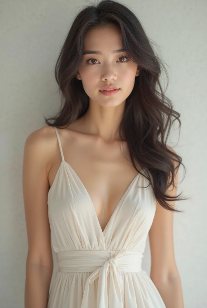 ((1 girl)), Very beautiful Japanese idol portraits, (RAW Photos, Highest quality), (Realistic, Realistic:1.4), (masterpiece), Very delicate and beautiful, Very detailed, 2k wallpaper, wonderful, finely, Very detailed CG Unity 8K 壁紙, Very detailed, High resolution, Soft Light, Beautiful detailed girl, Very detailed目と顔, Beautiful and detailed nose, finelyて美しい目, Cinema Lighting, (Simple light color background:1.3), (Long Hair), (Parted bangs), Complete Anatomy, Slender body, Small breasts, smile, ((Full body shot)), , (White chemise),(Panty lines),Sexy pose,Vibrant,((secretary)),Slender,(Long legs),(White long slip skirt),((race)),Thin silk-like,