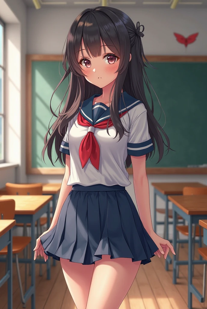 panty shot, ((A single strawberry, Only one strawberry)), ((Panties with a single strawberry printed)), Cover your chest with your arms, super cute girl, sailor suit, very Short black pleated skirt, Beautiful Face, ((Slightly embarrassed)), (blow upskirt), (skirt lifted by wind), black hair, Attractive eyes, Super detailed, ((masterpiece:1.17, best quality, high resolution)), From inside the classroom, ((Ichigo 100% character Toujou Aya)), (High quality, high quality texture, Beautiful detailed, fine detailed, extremely details CG), Detailed texture, 8k wallpaper, natural soft lighting, pointed breast,