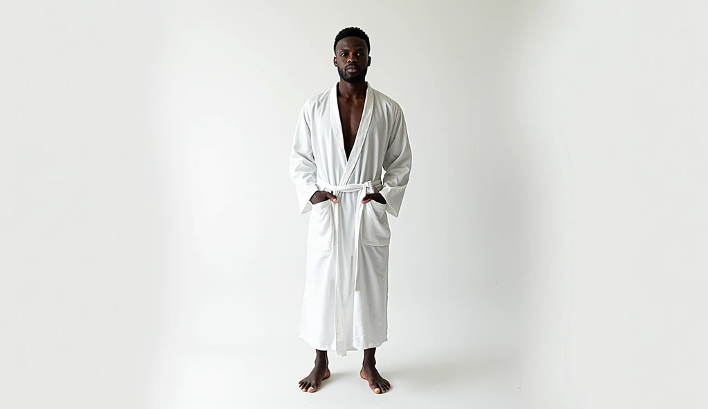 Create a handsome Asian man，Beautiful big eyes，Standing on the ground，Wearing a white satin bathrobe，Scratching the scalp with both hands，Two hands washing hair on top of head，头上有很多Realistic foam，Foam wrap head，Realistic foam，The expression is happy，front，The characters are realistic and realistic，Pure white bathroom background，Character front position，9:16 frames，Ultra-high-definition picture quality