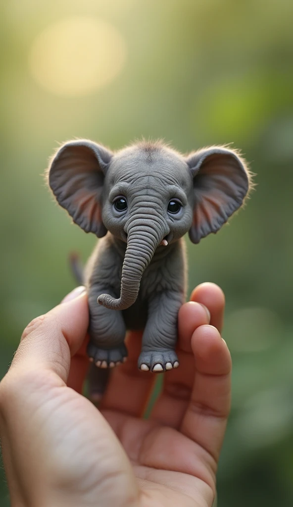 Photorealistic, 34k, A micro baby elephant perched on a human finger