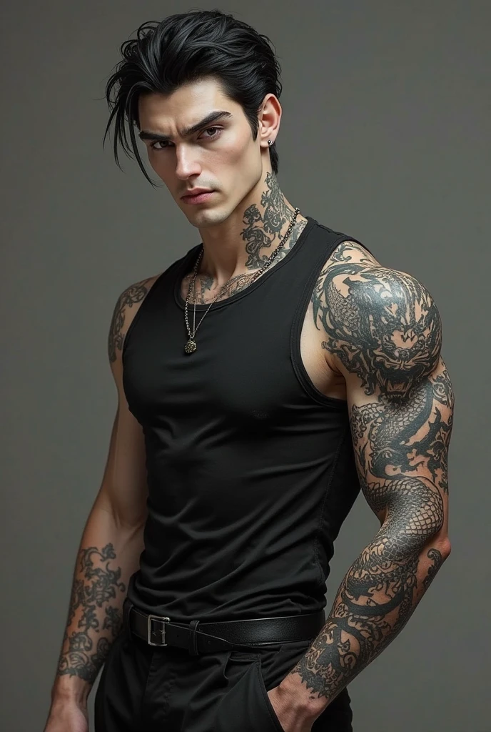 Black-haired man in formal cut with a tattoo all over his arm wearing black jeans and no shirt