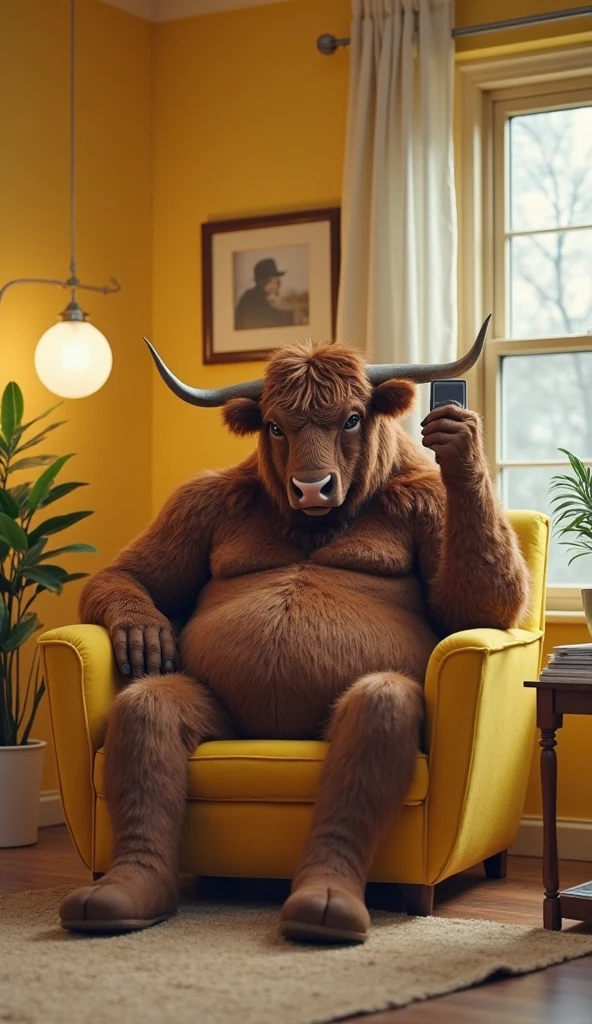 (solo)), male, anthro (bull), ((white briefs, white briefs bulge)), ((sitting on leather couch)), ((large pecs:1.2)), front view, close up, by personalami, by ruardri, by thebigslick, by kenket, hairy, ((cozy house, living room, wood paneling, family picture on wall, taxidermy on wall, window, sunny, h to light, detailed background)), bottomless, unbuttoned shirt, thick thighs, hooves, slightly chubby, daddy, dilf, belly, older male, mature male, elderly anthro, horns, wrinkles, white pubic hair, wide hips, leaking cum, gay, trucker hat, glasses, sweat, white stubble, holding beer can, tired, upturned eyebrows