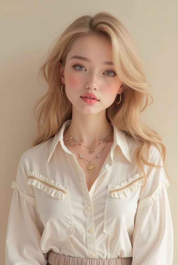 1 29 year old blonde woman with long hair posing for a picture, Beautiful blonde woman, beautiful blonde woman, blonde and attractive features, Beautiful, well-cared for blonde, 8K Soft Portrait, Smooth blond woman, top model, (Beautiful adult woman with big breasts:1.2, breast enhancement), (Blonde Swedish woman), ((Blonde eyebrows)), Glossy long blonde hair, ((amber color eyes brillantes)), (pupils are open), (Thick lips), ((upper body photo:1.1)), (A person in the center left and right, The whole head is shown), (White button blouse:1.4), (A very simple necklace and very simple earrings), Perfect Makeup