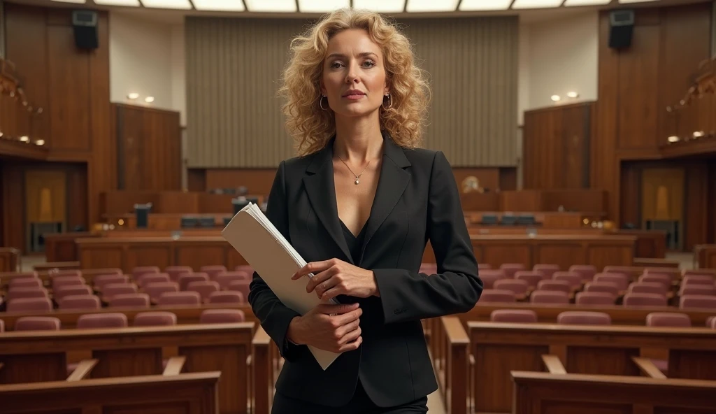A cute woman (age 40, perm in hair, formal jacket, mini skirt, high heels, little make up, cleavage small but over exposed, folder, cell phone) is questioning a witness in a court room
