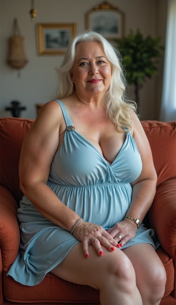 White colour overweight 60 year old elder American aged women wearing yellow baby doll Bikini short with Underwear high heels hairs tied in pony tail above head also wearing leg stockings.in crossed legs close camera while on chair