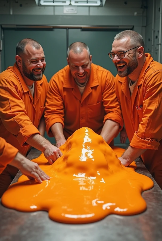 Four muscular men drinking beer wearing only underwear inside a bathtub filled with purple slime making the slime go up to their necks, the four men put the slime on their chests, faces, hair and inside their mouths