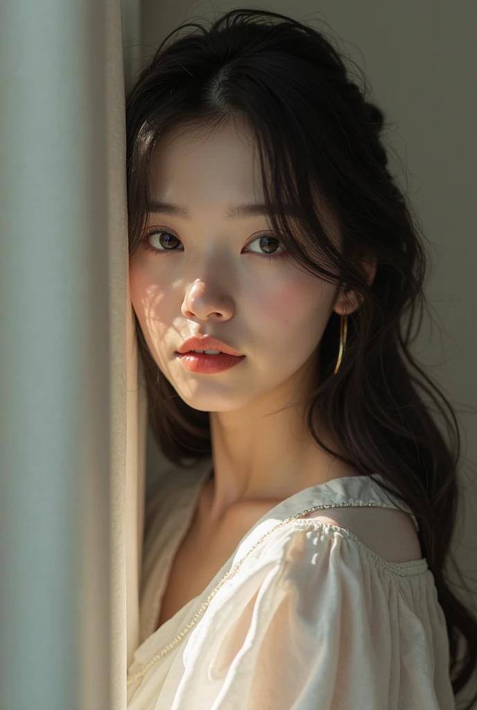 {top-quality}, {{​masterpiece}}, {extremely delicate and beautiful},Outstanding light and shadow, highly detailed wallpaper,Clear and bright sunlight,1girl in,no clothes、gaze looking beyond,red blush,Strong sunshine,delicate and messy hair,realistic skin textures, Pronounced pores and skin wrinkles,tropical rainforest,((strong light shines on the face)), full body shot, naked portrait, nude photography, detailed armpit, pussy pubic hair, shiny nipple,  coffee shop
