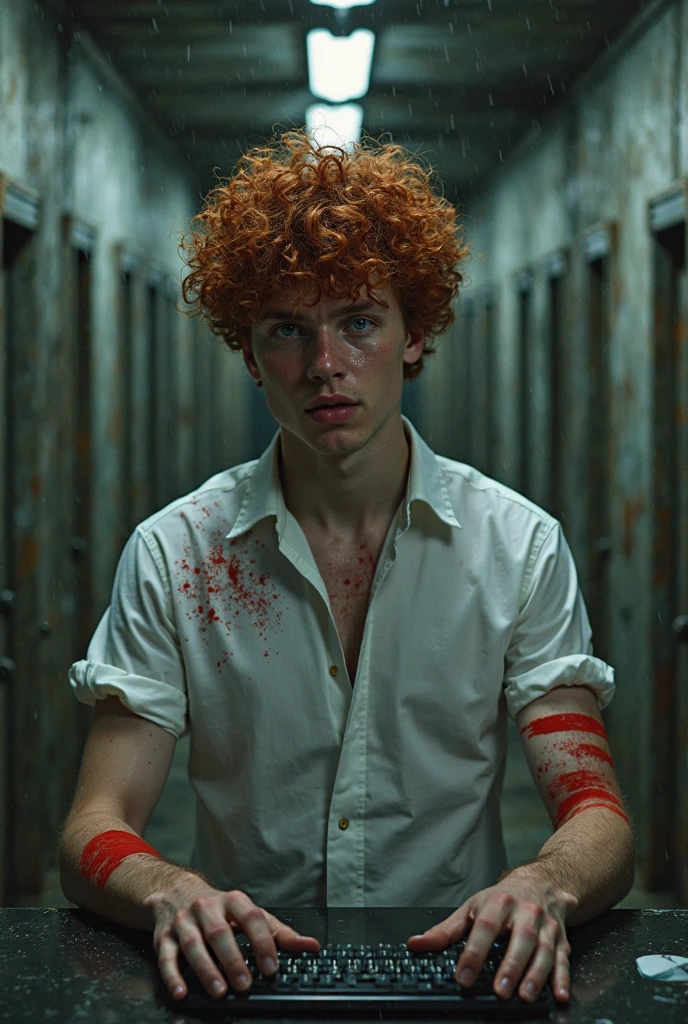 Red-haired boy with green eyes, dressed in blood stained clothes in a hospital hallway 