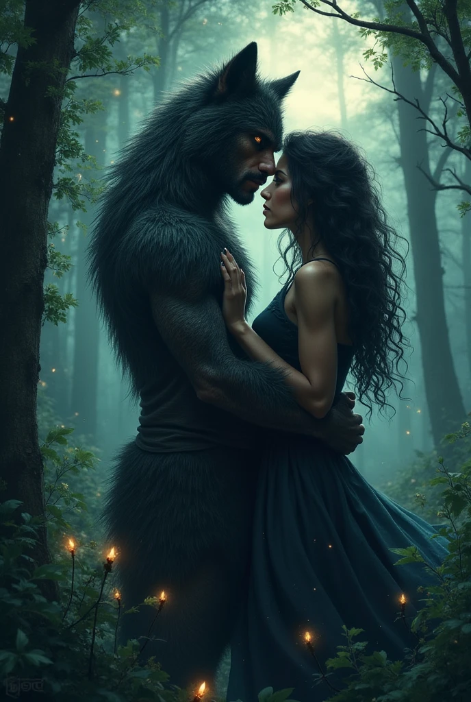 a dark-skinned nymph, with green eyes and curly hair with a beast with ocean blue eyes and black hair, the two of them are seen in the middle of the forest, he has her by the neck