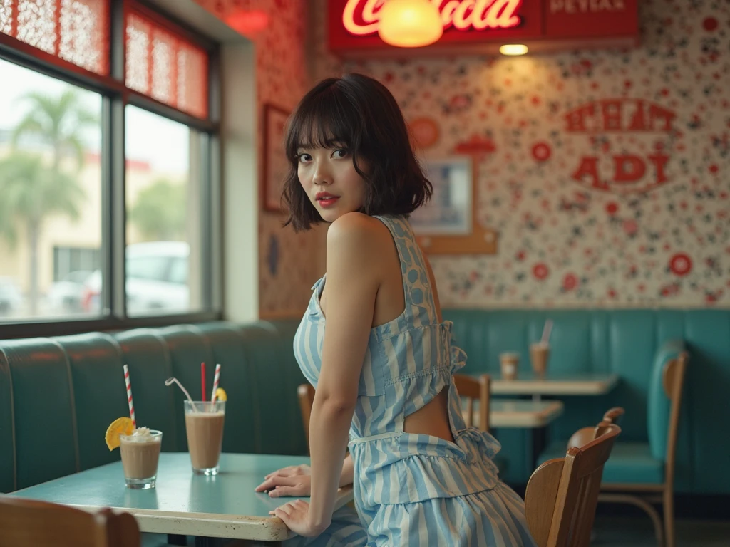1girl dressed in abnude, complete with a full skirt and petticoat, her hair styled in classic pin curls. She should be seated at an old-fashioned diner, surrounded by vintage details like a jukebox, chrome accents, and neon signs. Her eyes should be sparkling with excitement, her skin flawless and glowing under the soft, dramatic lighting. This scene should be captured on 35mm film, with a beautiful depth of field and a slightly blurry, nostalgic background,, filmg,
