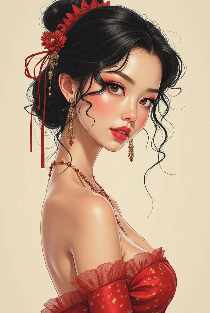 A seductive Gothic Asian woman, slim yet with a generous figure, is the main subject of this alluring image. Her dark hair cascades in waves around her pale face, contrasting with her bright crimson lips. The image is a highly detailed painting, her eyes captivating as they gaze directly at the viewer. The intricate lace of her corset enhances her silhouette, while delicate jewelry adorns her fingers and neck. This stunning portrayal captures the essence of mystery and sensuality with exquisite precision.