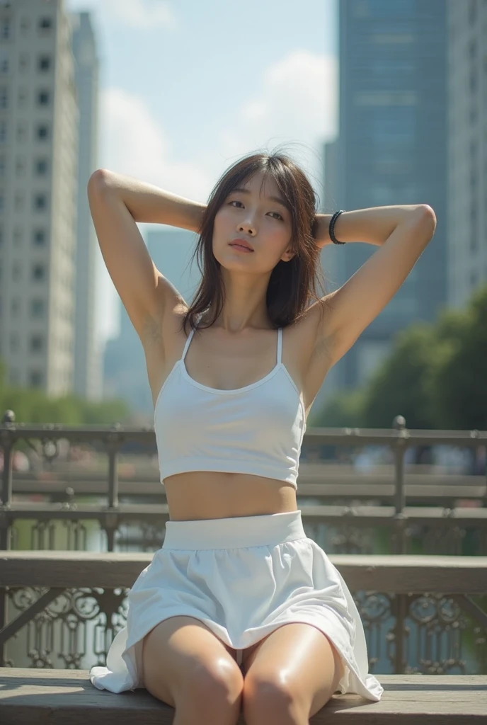 (masterpiece:1.2), Super detailed, Ultra-high resolution, (Realistic, photo Realistic:1.37), High-definition RAW color photos, Professional photos, Very delicate and beautiful, Very detailed, In detail, Very detailedな美しい女の子, Very detailedな顔, Very detailedな目, Very detailedな肌, Very detailedな指, Very detailedな鼻, Very detailedな口, Perfect Anatomy, Very detailedな背景, (Famous Japanese actresses:1.3), fix, (Sunburned skin:1.45), (ponytail), Blonde, (Flat Chest:1.4), Dynamic Lighting, Dynamic Angle, (Pilot jacket:1.1), hot pants, (wall graffiti art:1.4), (Dynamic pose:1.5), smile, (whole body:1.1)