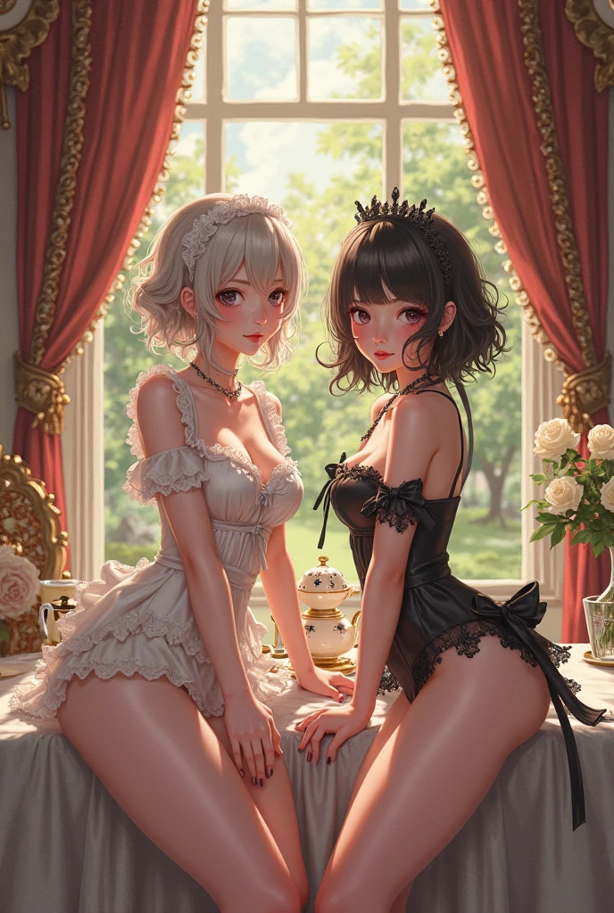 (((depic young little girll))), (((top-quality, masterpiece))), 4k, HD, silver hair, ((bob cut)), one braid, (((red rose in hair))), green eyes, (((sofisticate lingerie))), ((lace lingerie details)), black and red lingerie, many white ribbons, maid, lovely, sexy pose, smile, happy, warm, (((small breasts))), nice hips, (Masterpiece, Excellent, complex details), delicate girl, delicate face, knightly atmosphere