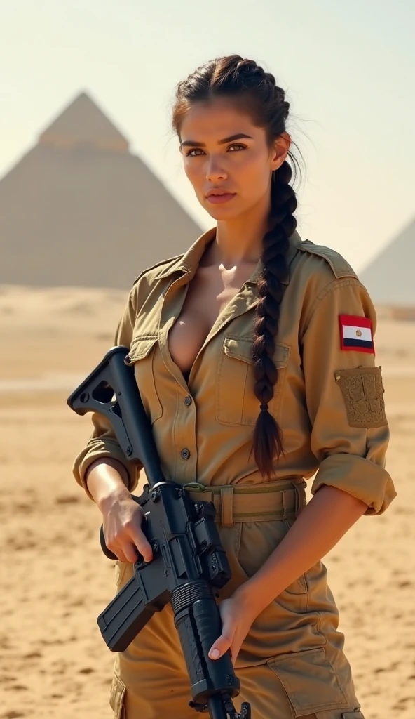 An ultra hot gorgeous European woman. Age 23. She’s a playmate, men magazine model. ((She wears a 40’s Archaeological explorer uniform)), in egypt,pyramid,movie set,Realistic, 