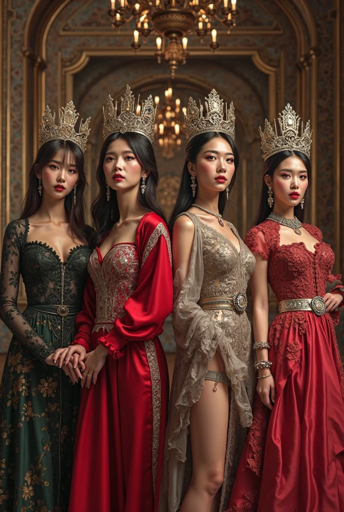 ultra realistic 8k cg, picture-perfect face, flawless, clean, masterpiece, professional artwork, famous artwork, cinematic lighting, cinematic bloom, perfect face, beautiful face, beautiful eyes, ((perfect female body, narrow waist)), red black hair, red eyes, gorgeous queen, royal, divine, goddess, godlike, (royal palace), fantasy, dreamlike, unreal, science fiction, huge breasts, beautiful clothes, lace, lace trim, lace-trimmed legwear, nsfw, breasts out, absurdly long hair, very long hair, (rich:1.4), prestige, luxury, jewelry, diamond, gold, pearl, gem, sapphire, ruby, emerald, intricate detail, delicate pattern, sexy, charming, alluring, seductive, erotic, enchanting, hair ornament, necklace, earrings, bracelet, armlet