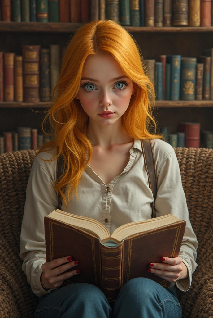 best quality, photorealistic, accurate, realistic, red head with freckles long hair book worm surrounded by magical items, dynamic lighting and shadows