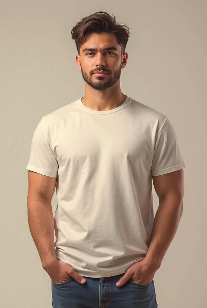 Muscular, bald in white clothes, wearing a jogging hat with a hole in the middle