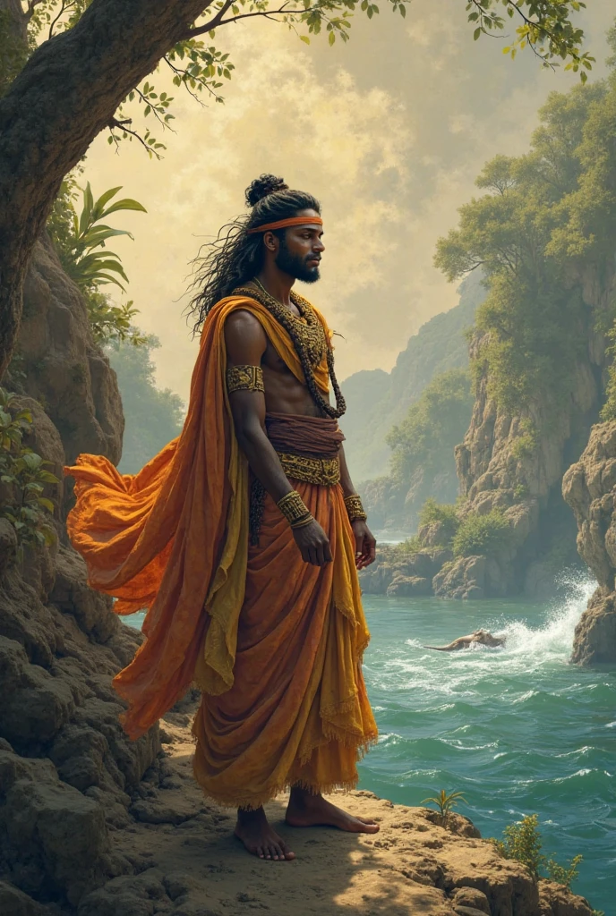 vasudev god in a traditional outfit, standing in a body of sea night and holding two hand a basket on the head with Krishna god .