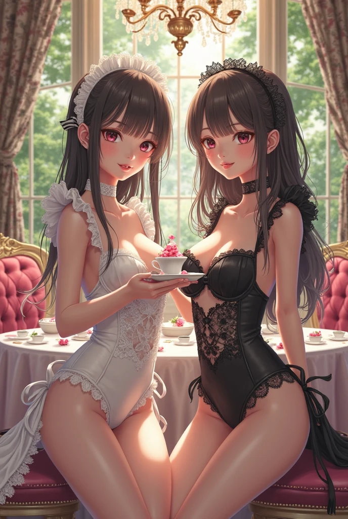 1girl, solo, anime, (small breasts), beautiful girl , black curly hair with bangs, [chubby|obese|flabby], [belly overhang,stomach bulge], thick thighs, in a sexy transparent lingerie, garter belt with fishnet stockings, squashing a cake in her hands, wide hips, slob, watching Tv, crumbs, sad face,