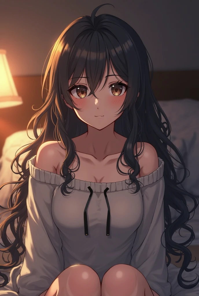 A brunette girl with curly hair and big breasts sits with her legs stretched out, taking a Anime photo