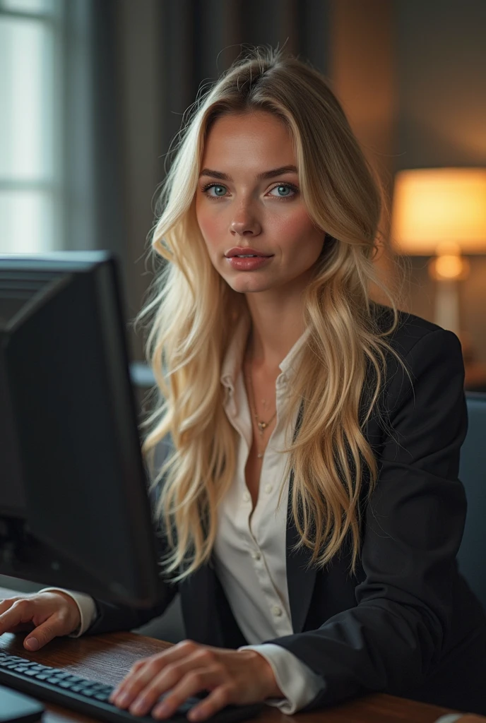 a beautiful girl with long blonde hair, detailed eyes, nose, and lips, wearing professional attire, sitting in his office, using your computer, hp computer (Best Quality,4k,8k,High resolution,masterpiece:1.2),ultra detailed,(realist,photorealist,photo-realist:1.37),HdR,studio lighting,extremely detailed face and body., portrait,cinematic lighting,dramatic lighting,warm color tones,dramatic colors