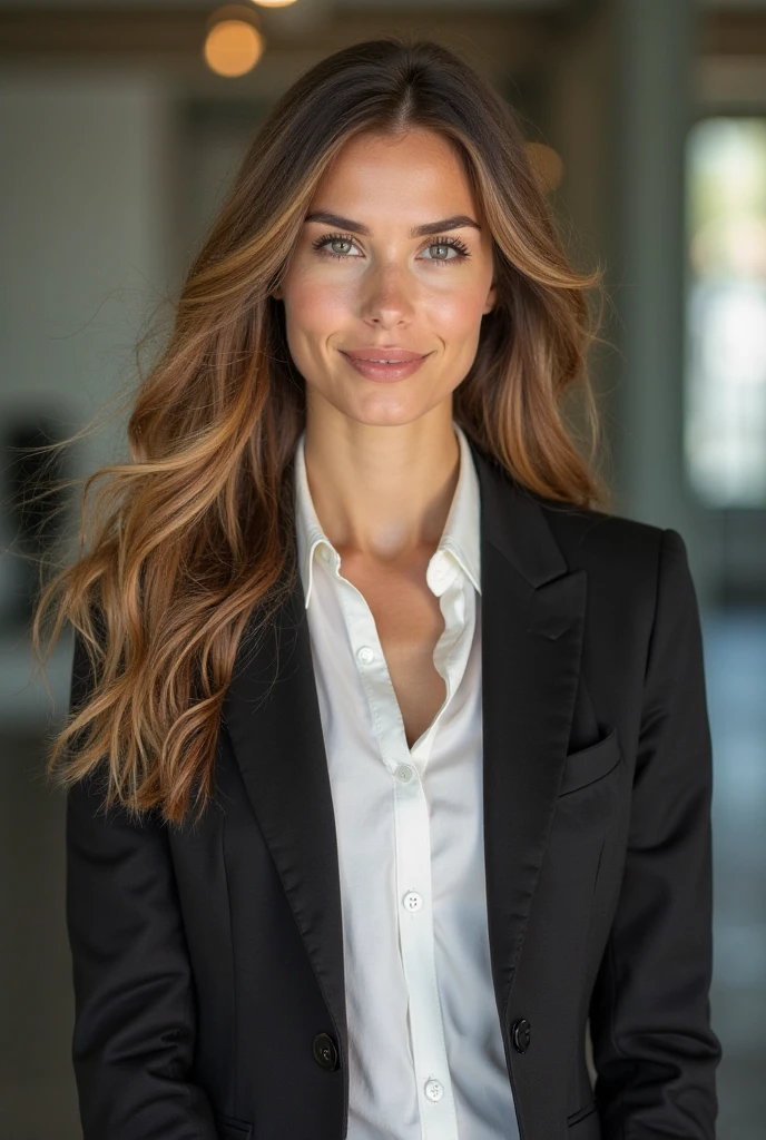 (best quality,photogenic shot:1.2),solo,woman wearing a strict business suit,stylish pose,(slim body,pretty face:1.1),detailed face,detailed eyes, detailed lips,wavy brunette hair,confident expression,professional appearance,(highres,vivid colors:1.1),(realistic lighting:0.9)