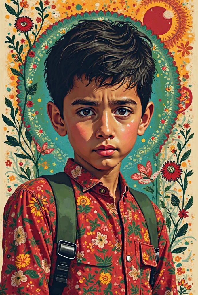 Retrato realista de um menino de sete anos, Ele usa uma camisa vermelha . Your face is and exploratory . Ele sai cautelosamente para o jardim da casa, A small cat is among the bushes and he touches it cautiously ,Not facing the camera,, Hair is messy ,
