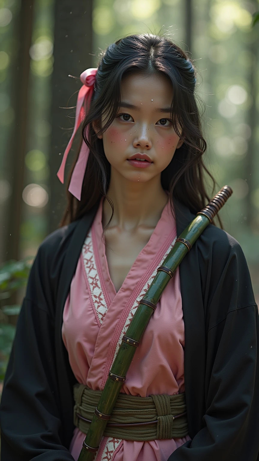 A small girl with green skin, with an orange and white kimono, cabelo curto marrom, deep black eyes, a calm, carefree expression, carrying a Katana on his back. 