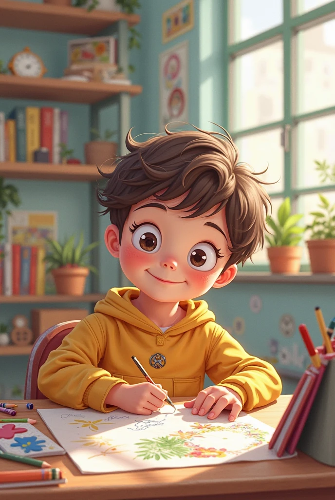 A boy is sitting on his desk wearing e yellow jacket and 