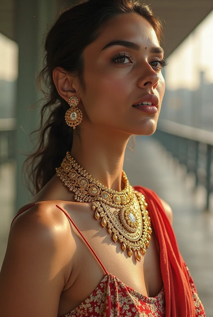 upper half body of (A hyper-realistic), (illustration), (high resolution), (8K), (highly detailed), (The best illustration of beautiful detailed image), (top-quality), (ultra-detailed), (masterpiece), (beautiful attractive face), long hair, Earrings with bangs, ((20 year old Indian beautiful girl)) , (((wearing red Indian silk traditional sari draping ))) , (((Glamorous body))) , Elegant Pose, Seduction pose, Looking at the camera, beach background