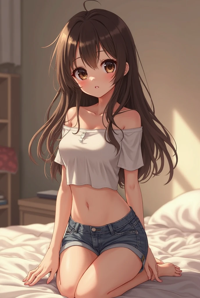 highest quality、Elementary school student bra、beige shorts、cool look、Stretching your legs in your room、armpit sweat、Grass、ecstasy face, (1 girl), (highly detailed face, smile) ,, (japanese girl), Slightly round face, (tanned brown face:1.6), cute, Big eyes、2D,highest quality,(masterpiece),(((The whole body is reflected))),(((full body))),Semi-long hair that reaches to the shoulders,((amber brown hair)),((beach waves)),healthy dark skin,((denim hot pants)),「cheap」A pink tank top with the words,Shiny bare legs,barefoot,beautiful brown eyes,attractive thigheaty ass,Sloppy body shape,Bedroom,Get drunk,upper grade,cheeks are bright red,あざでcute,devilishly sexy,erotic look,Large drops of sweat all over the body,It's stuffy,sleep with your legs stretched out、my room