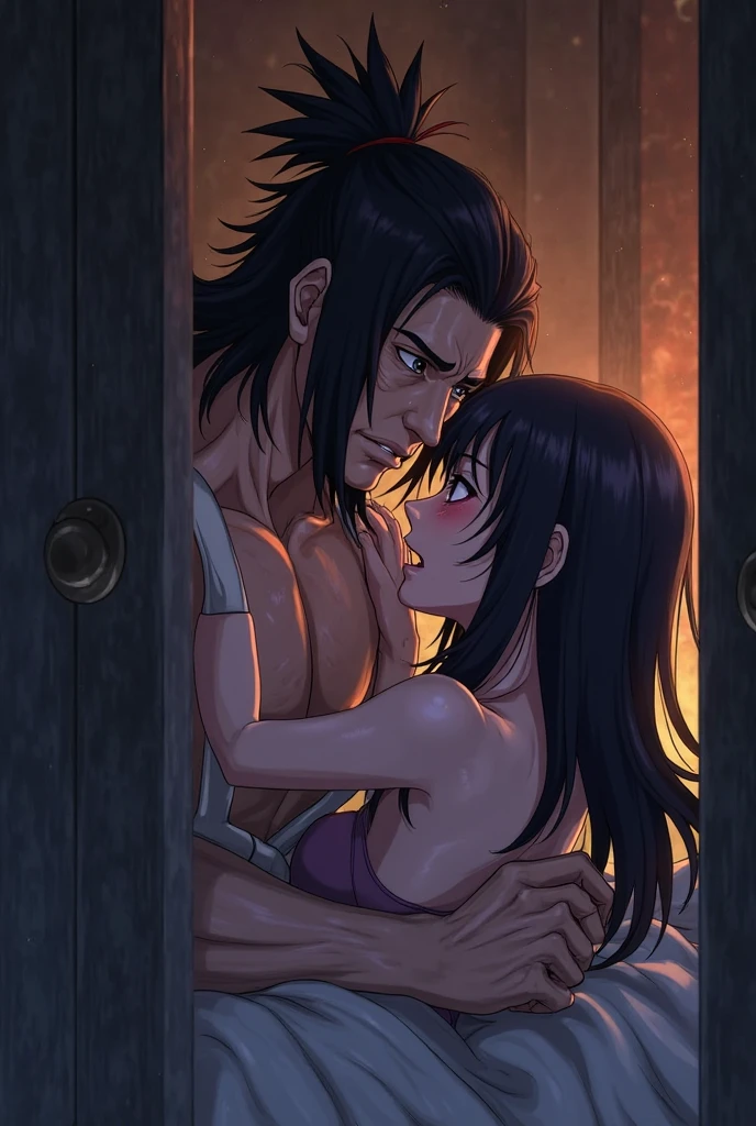 ((highest quality)), ((masterpiece)), (detailed), (Perfect Face)、(The woman is Princess Leona, with long, straight, light brown hair that she has down, a slender figure but a normal chest, a gentle smile, and is in a luxurious samurai mansion. The woman is naked and wearing luxurious accessories such as earrings, a necklace, and bracelets.)、A husband and wife are naked and peacefully embracing each other. The woman leans on her husband and the man embraces his wife. The husband is 60 years old and the wife is 32 years old.、The man is Oda Nobunaga, naked and with a dignified beard and topknot.