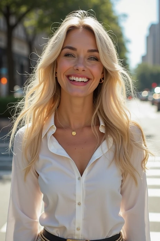 (photorealism:1.2), slim woman, 40 years old white Caucasian woman sitting in a park, long straight blonde hair, short sleeve casual, soft smile, elegant