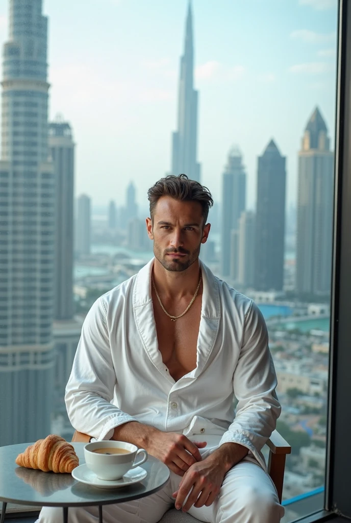 full view full body, one handsome over-muscular white young bodybuilder Chris Evans with short light-brown undercut hair, thick rounded muscular pecs, denim jeans, white socks and black doc martens tassel loafers, silver rings, cute face with siliconed inflated lips, cheekbones prominent, looking at window, on armchair, chilling pose, The most luxurious modern apartments in Dubai with large windows on Dubai