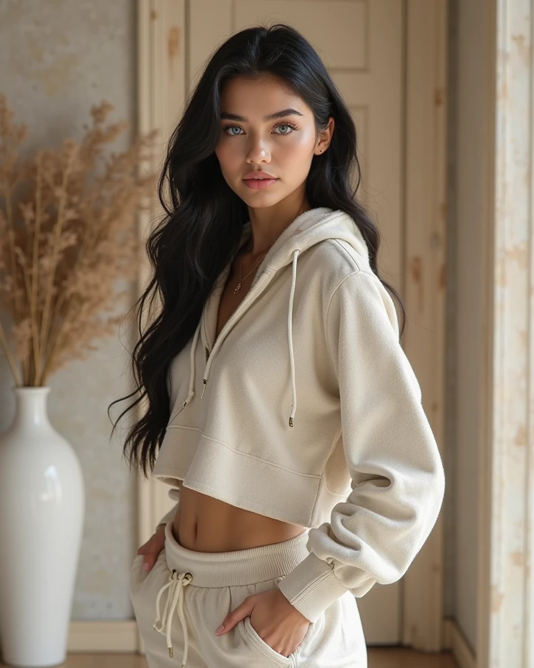 arafed woman in a tan sweater and shorts posing for a picture, comfy, taupe, beige hoodie, victoria beckham, comfortable, fit, inspired by Esaias Boursse, beige, brown sweater, cosy vibes, tan, dressed in a top and shorts, open v chest clothes, tans, casual, very comfy, thicc, short robust woman, brunette, (sexy abs), (big breasts),
