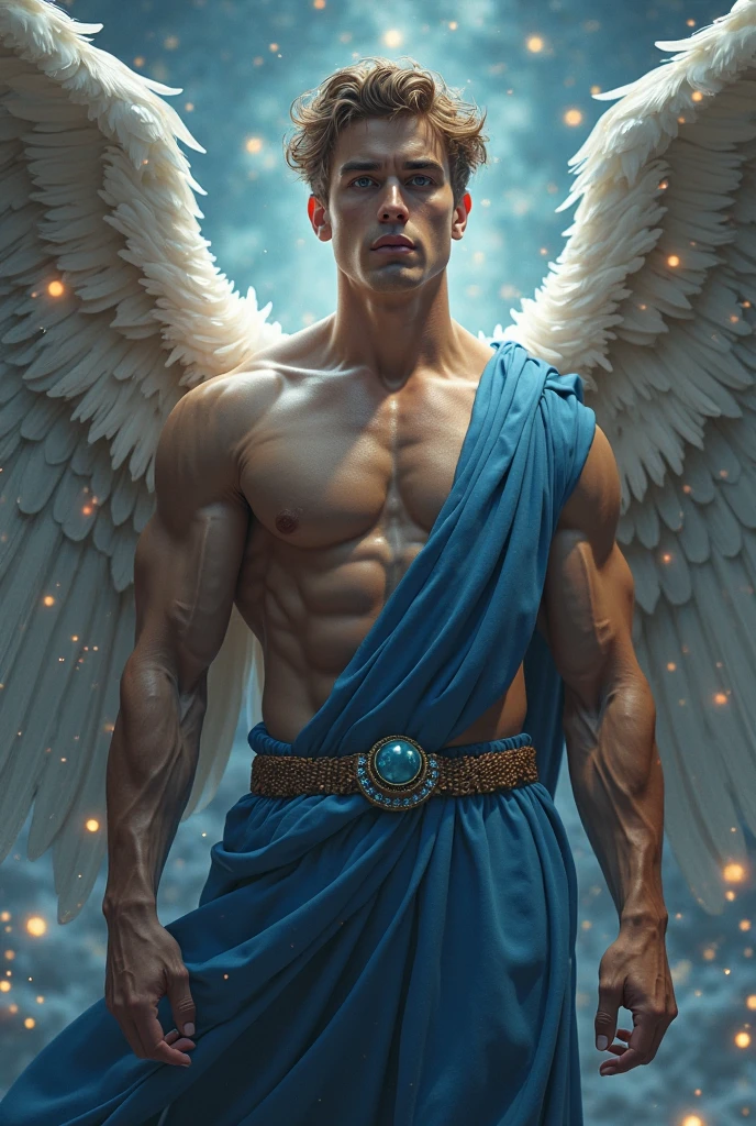 Quarter Body photorealistic Illustration a a very handsome and sexyness man, he is a archangel, he has deep blue eyes, very nice abs, he shirtless chest, nakedness nudeness shirtless celestial , magic swirls, white fog. With very big huge glowing massive wings.