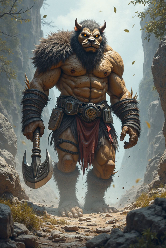 young imposing friendly Goliath, 2,35 large, broad shoulders with a cape made of coarse, dark brown bearskin skin stone-like, deep blue tattoos, muscular figure eyes stony grey shimmering silver head is bald with typical marks and tattoos, thick stone-colored beard plate, primitive look under the cloak Heavy armor, decorated with ancient runes and symbols of the earth with stone-like spots