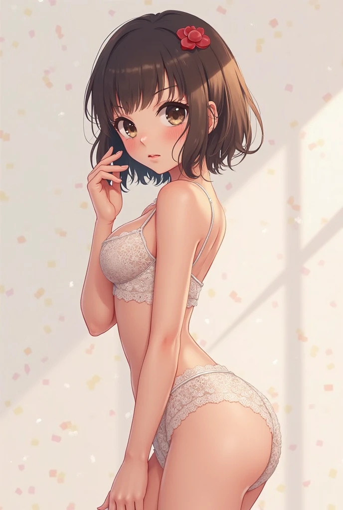 Normal size adult female, brown hair color, full height, light green eyes, wearing underwear, looking back, back view, grimace on ahageo-shaped face, white underwear, bra, white skin color